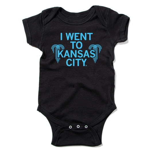 Black, union-made baby onesie featuring light blue text that reads I WENT TO KANSAS CITY.