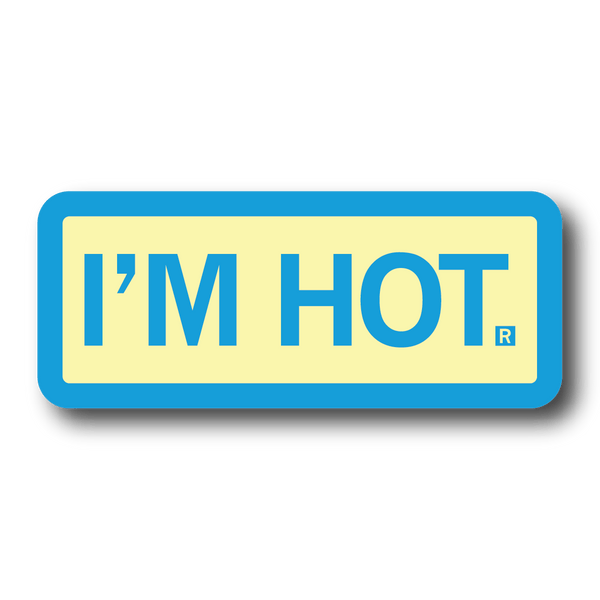 A pastel yellow rectangular sticker with a bright blue border and text that says, 