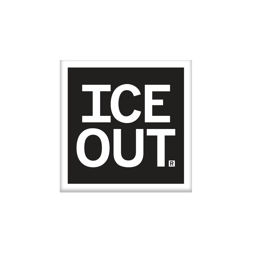 A black square magnet with white border and white text that says, "ICE OUT"