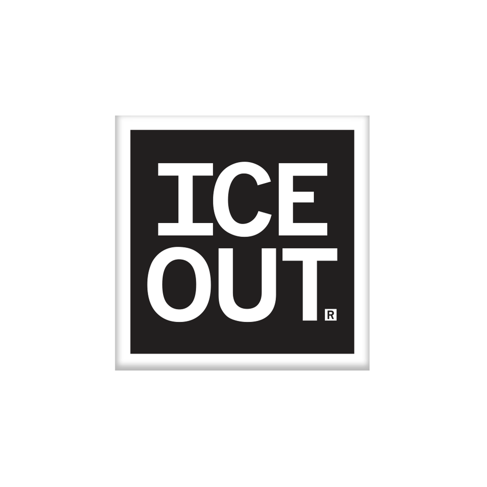 A black square magnet with white border and white text that says, "ICE OUT"