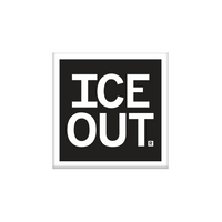A black square magnet with white border and white text that says, "ICE OUT"