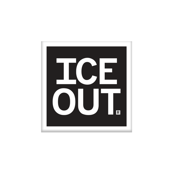 A black square magnet with white border and white text that says, 