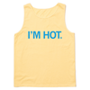 Heavyweight pastel yellow tank top with centered blue print in all caps that reads "I'm hot."