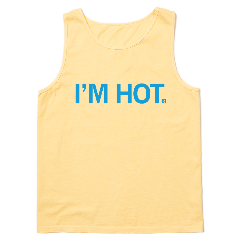 Heavyweight pastel yellow tank top with centered blue print in all caps that reads "I'm hot."