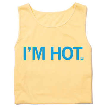 Folded pastel yellow tank top with bright blue text that says, "I'm hot" in all caps.