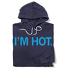 Folded navy pullover hoodie with bright blue text that says, "I'M HOT."
