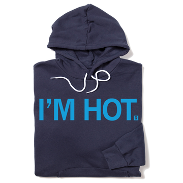Folded navy pullover hoodie with bright blue text that says, "I'M HOT."