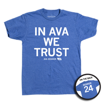 Heather royal tee with stacked white ink text that reads "In Ava We Trust" over "Ava Zediker 24" in smaller font and a back print of "Zediker 24" styled like the back of a jersey.