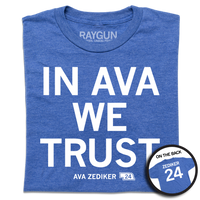 A folded heather royal blue shirt with stacked white ink text that reads "In Ava We Trust" over "Ava Zediker 24" in smaller font and a back print of "Zediker 24" styled like the back of a jersey.