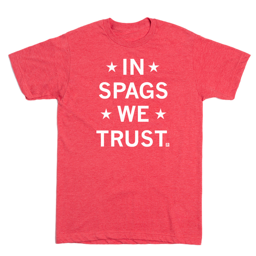 Red RAYGUN t-shirt with white text that reads IN SPAGS WE TRUST.
