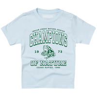 Ice blue youth t-shirt with kelly green ink that says, "Indian Creek Nature Center: Champions of Nature since 1973. Cedar Rapids, Iowa" with an illustration of a toad in the center.