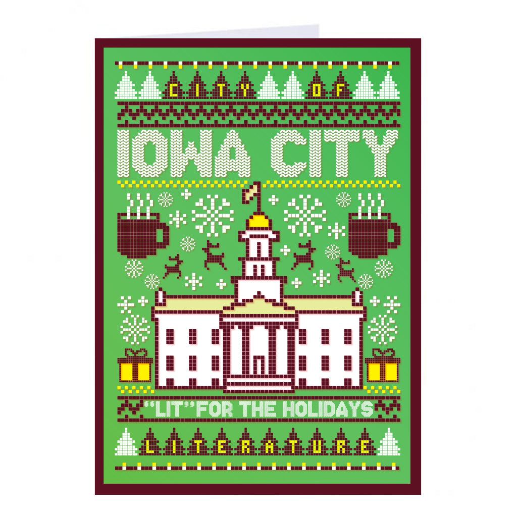 Holiday-themed RAYGUN greeting card with a green knit pattern featuring the Iowa City Old Capitol, mugs, presents, and the text City of Iowa City and Lit for the holidays.