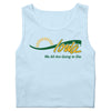 Heavyweight cotton tank top in light blue, featuring an Iowa logo with a sunrise graphic and the text We All Are Going to Die underneath.