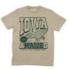 Tan garment-dyed t-shirt featuring a cat sitting on a large ear of corn with dark green text reading IOWA, PREPARE TO BE AMAIZED, and BY ALL THIS F*CKING CORN.