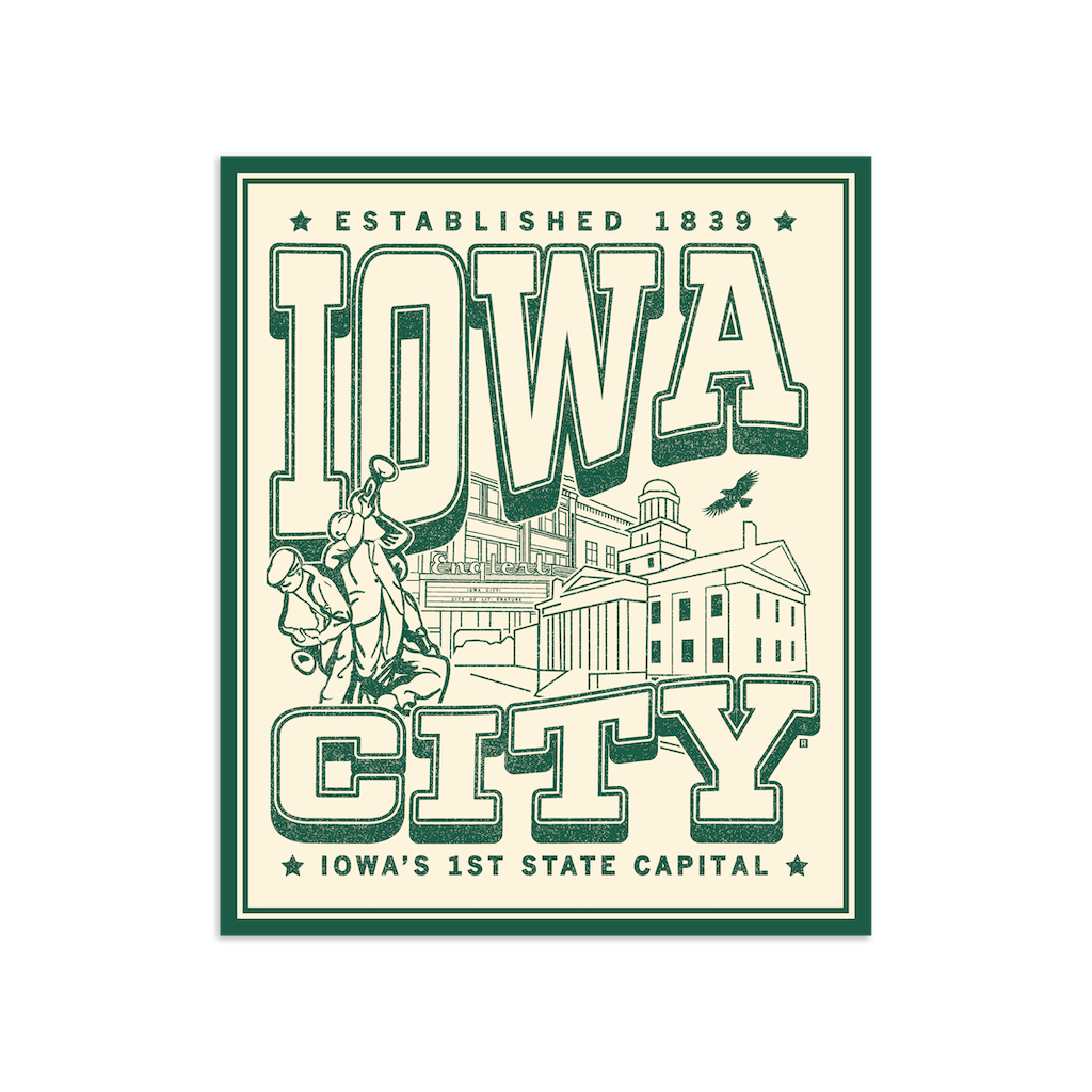 RAYGUN vinyl sticker featuring the text Iowa City and Established 1839, with line drawings of a marching band member, historic buildings, and an eagle.