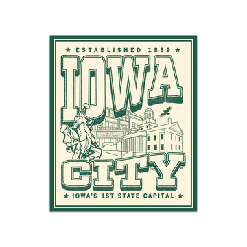 RAYGUN vinyl sticker featuring the text Iowa City and Established 1839, with line drawings of a marching band member, historic buildings, and an eagle.
