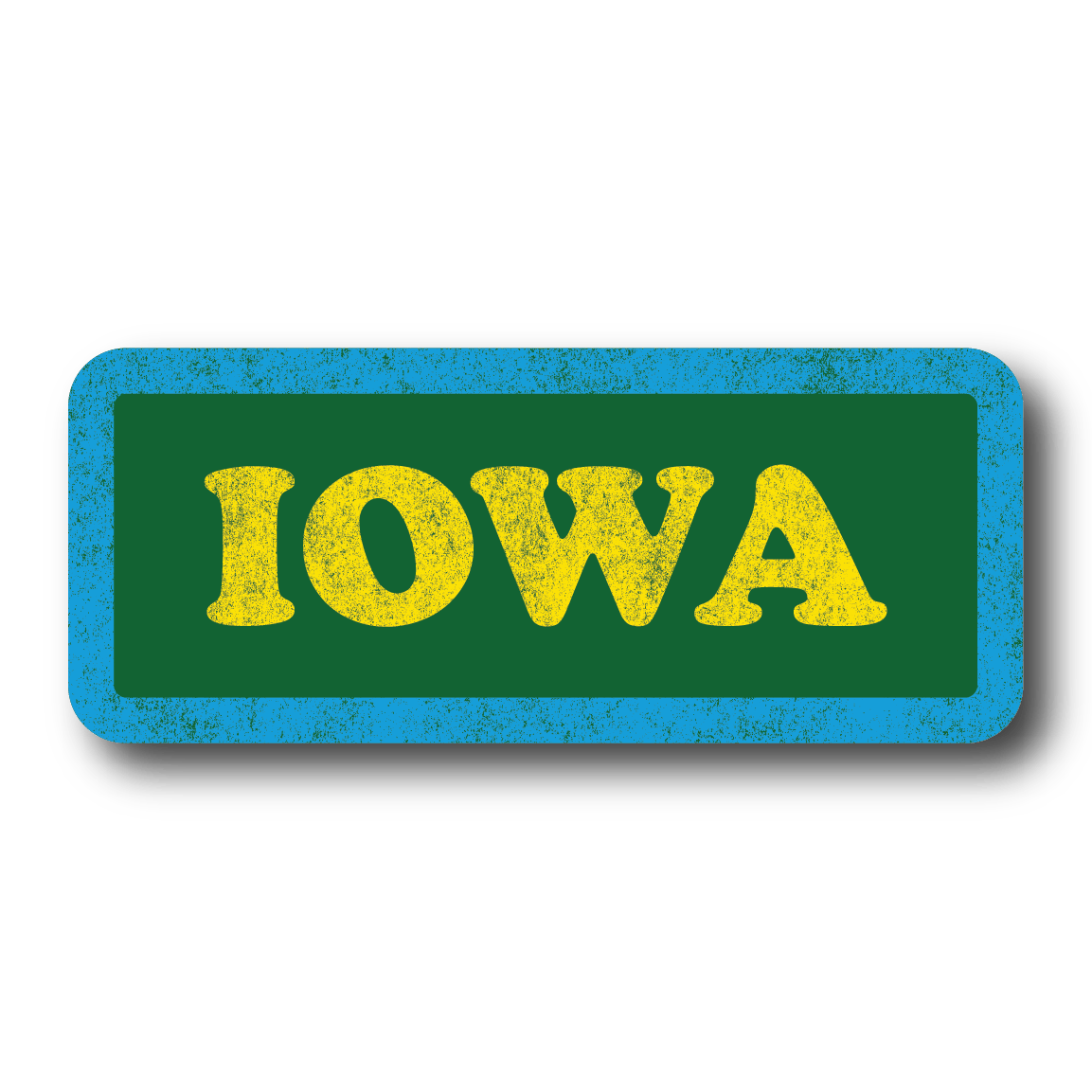 Vintage style sticker with faded print. It's a green rectangular sticker with rounded corners, a blue border and yellow text that says, "IOWA"