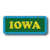 Vintage style sticker with faded print. It's a green rectangular sticker with rounded corners, a blue border and yellow text that says, "IOWA"