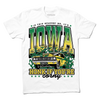 White t-shirt with green & gold ink that says, "Is this heaven? No, It's Iowa. Honk if you're corny" with a graphic of an old muscle car driving out of corn fields with a cat behind the steering wheel.