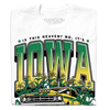 A folded white t-shirt with green & gold ink that says, "Is this heaven? No, It's Iowa. Honk if you're corny" with a graphic of an old muscle car driving out of corn fields with a cat behind the steering wheel.