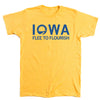 Yellow union made t-shirt with the blue text IOWA featuring a sun icon in the letter O, and the phrase FLEE TO FLOURISH below.
