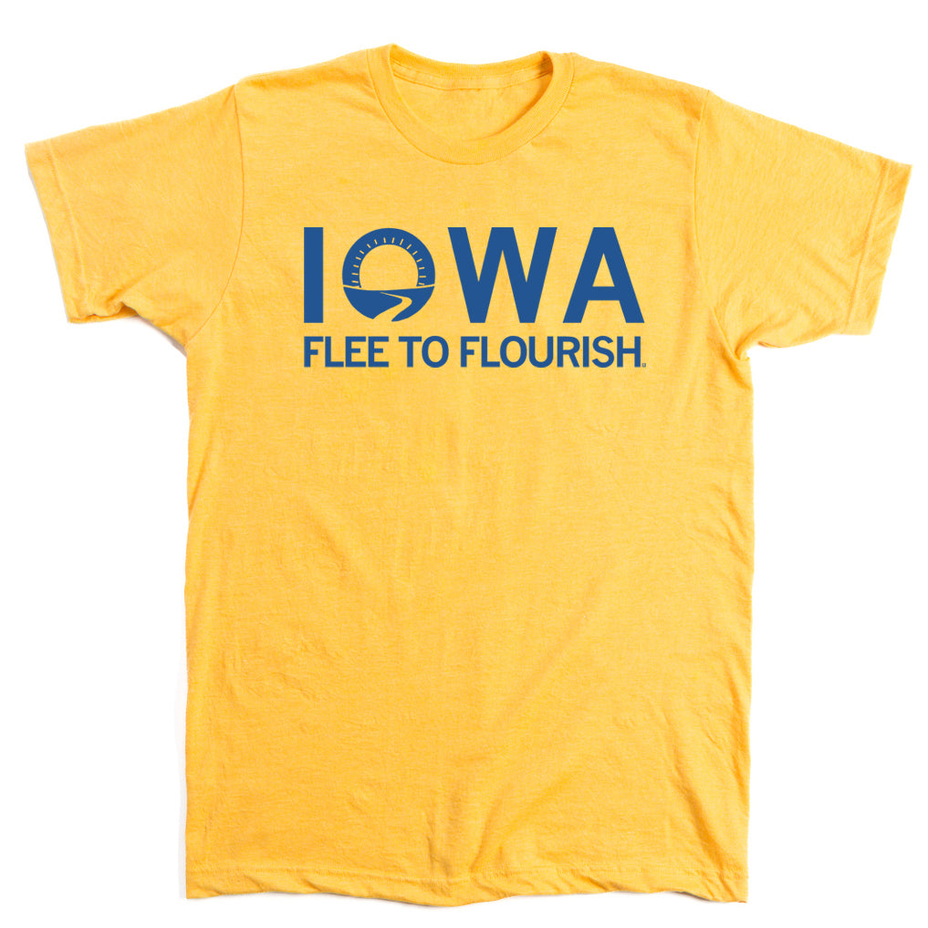 Yellow union made t-shirt with the blue text IOWA featuring a sun icon in the letter O, and the phrase FLEE TO FLOURISH below.