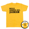Heather mellow yellow t-shirt featuring REECE VANDER ZEE: IOWA NICE. on the front and VANDER ZEE 2 on the back.