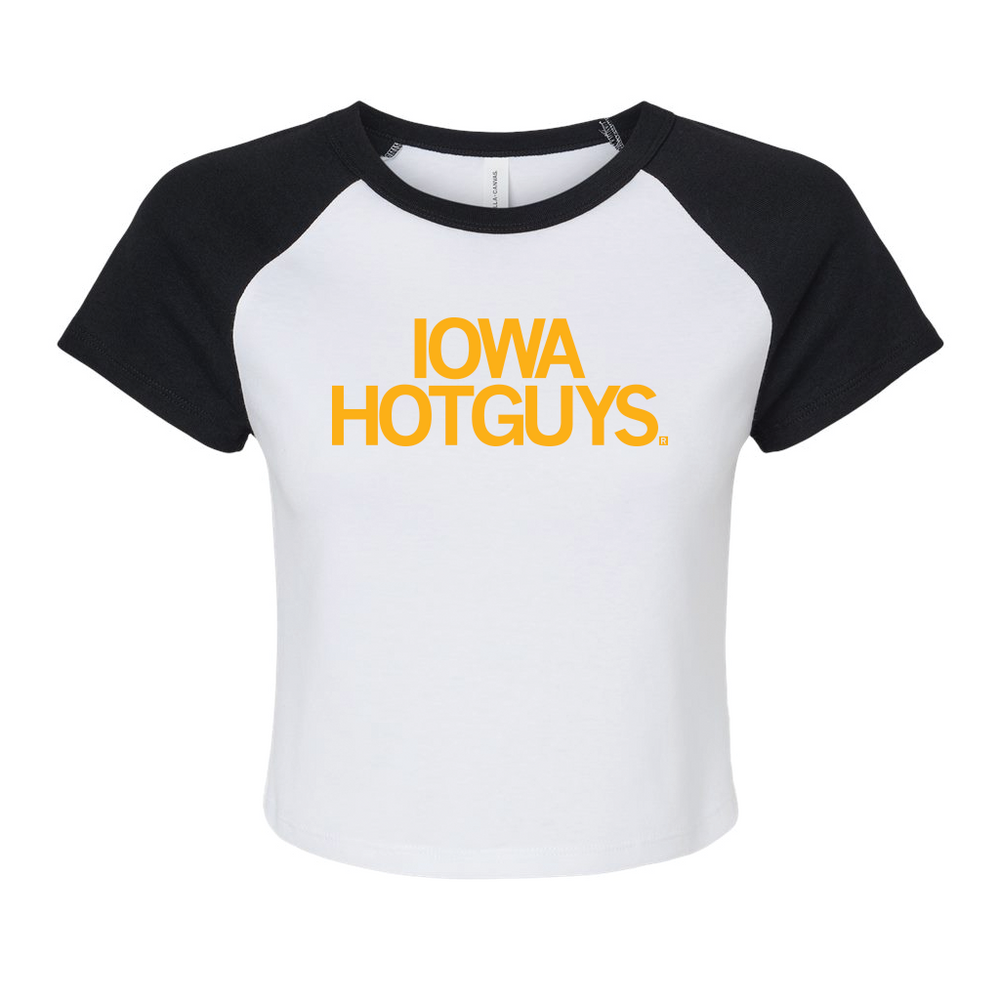 Two-tone baby tee with a white base and black collar and sleeves. Centered golden yellow text says, 'IOWA HOTGUYS."