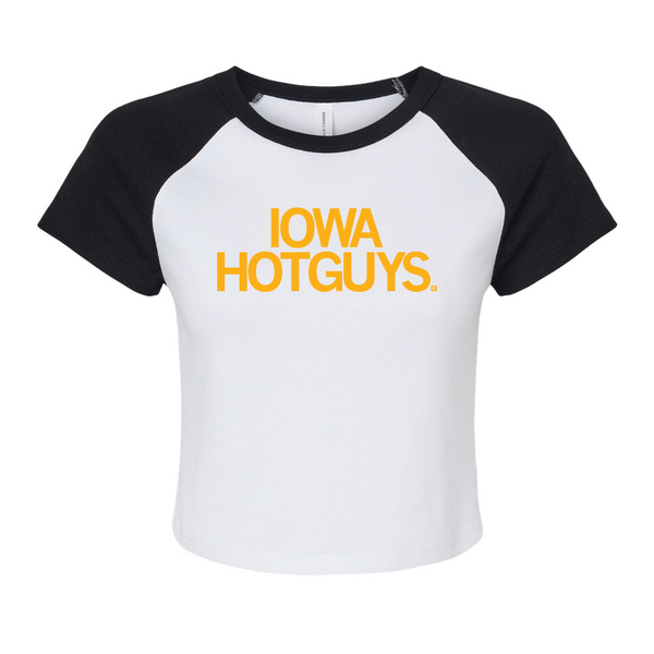 Two-tone baby tee with a white base and black collar and sleeves. Centered golden yellow text says, 'IOWA HOTGUYS.