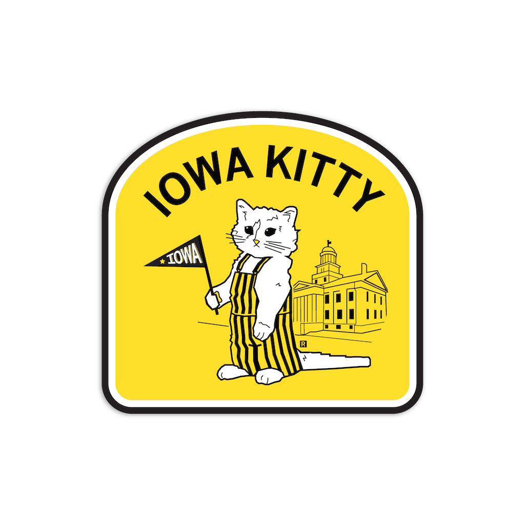 RAYGUN vinyl sticker featuring a cat in striped overalls holding an Iowa pennant in front of the Old Capitol Building, with the text IOWA KITTY.