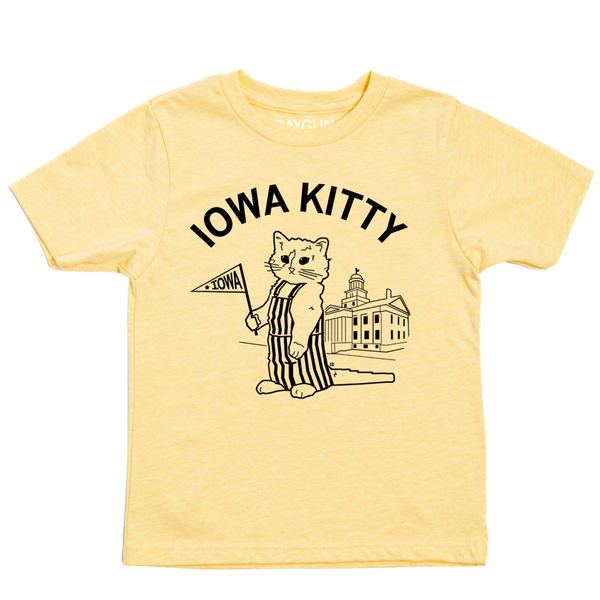 A pastel yellow kids size t-shirt that says 