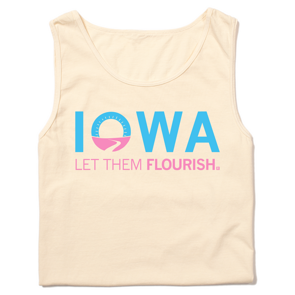 A folded ivory tank top with bright blue and pink print spoofing the Welcome to Iowa road signs by saying 