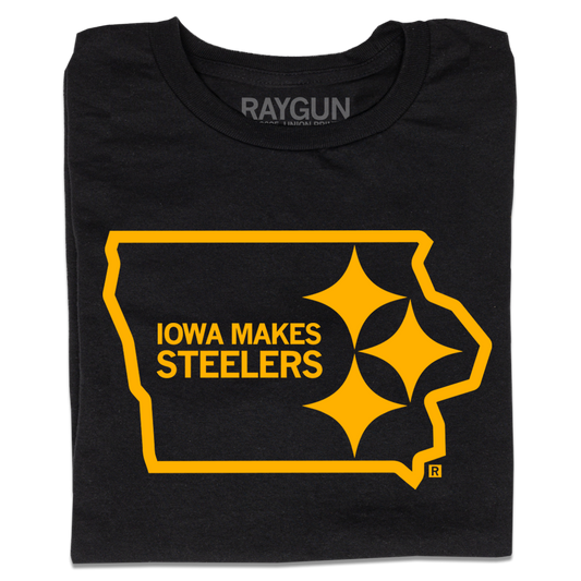 Black union-made t-shirt featuring a yellow outline of the state of Iowa, the text IOWA MAKES STEELERS, and the Pittsburgh Steelers logo.