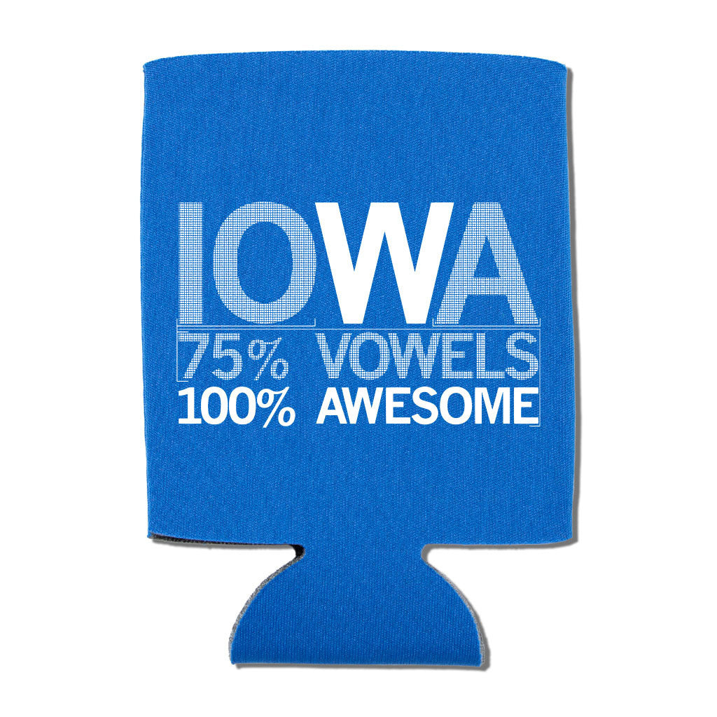 Neon blue foam beverage cooler with the text IOWA 75% VOWELS 100% AWESOME printed in white.