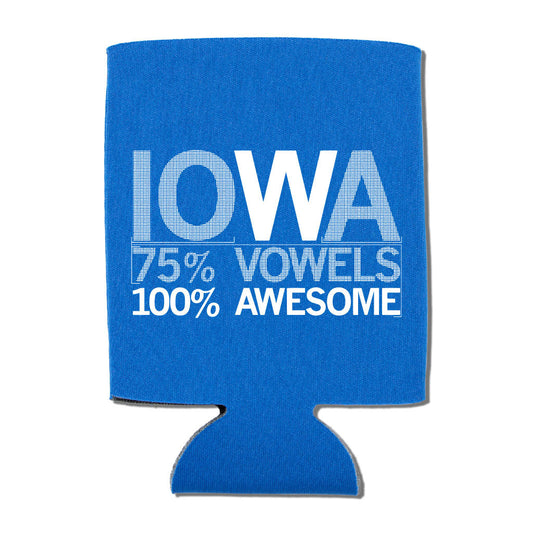 Neon blue foam beverage cooler with the text IOWA 75% VOWELS 100% AWESOME printed in white.