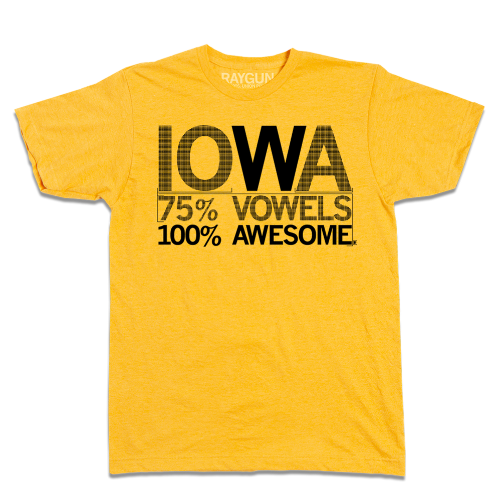 Short-sleeve heather gold t-shirt with centered black print that says, "Iowa
75% Vowels
100% Awesome"