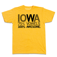 Short-sleeve heather gold t-shirt with centered black print that says, "Iowa
75% Vowels
100% Awesome"