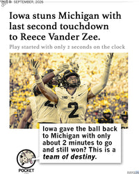 Promo images with the headline "Iowa stuns Michigan with last second touchdown to Reece Vander Zee. Play started with only 2 seconds on the clock" above an image of Vander Zee celebrating. RAYGUN's opossum mascot, Pocket, comments below "Iowa gave the ball back to Michigan with only 2 minutes to go and still won? This is the team of destiny."