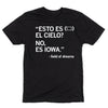 Black RAYGUN t-shirt with white text reading ESTO ES (Iowa shape) EL CIELO? NO, ES IOWA, followed by Field of Dreams.