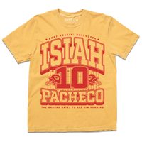 A yellow Comfort Colors t-shirt with red ink that reads "The Body Rockin' Bulldozer, Isiah Pachecho #10. The ground hates to see him running" over an illustration of a football field with a football helmet to either side.