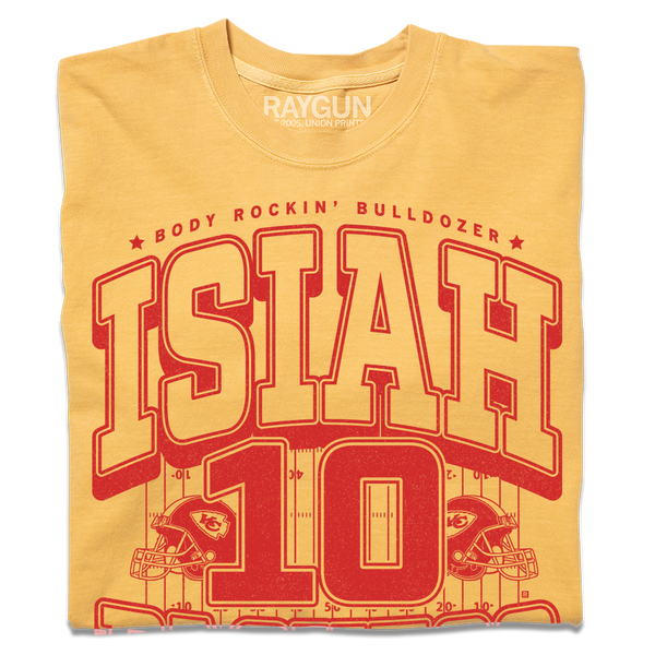 Comfort Colors mustard t-shirt with red ink that reads 