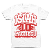 White tee with red ink that reads "The Body Rockin' Bulldozer, Isiah Pachecho #10. The ground hates to see him running" over an illustration of a football field with a football helmet to either side.