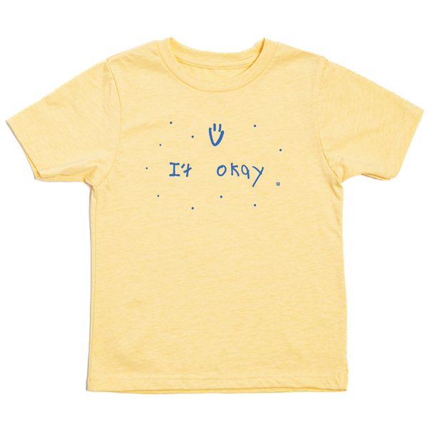 Youth sized pastel yellow t-shirt with blue print that says, 