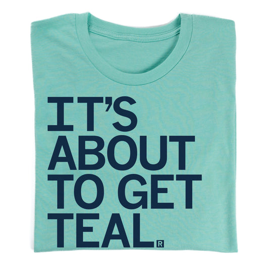 Heather mint RAYGUN T-shirt with the text ITS ABOUT TO GET TEAL. printed in dark navy.