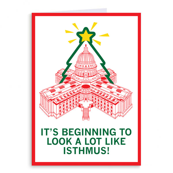 A Holiday card depicting the Wisconsin Capitol as a Christmas tree with the text 