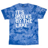 Union-made blue tie-dye t-shirt with the white text ITS GAYER BY THE LAKE printed on the front.
