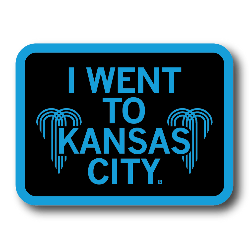 Rectangular black sticker with a bright blue border and text that says, "I WENT TO KANSAS CITY" with water fountain logos from the city flag to either side.