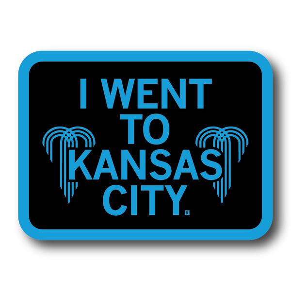 Rectangular black sticker with a bright blue border and text that says, 