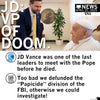 A satirical RAYGUN t-shirt graphic showing JD Vance meeting Pope Francis, headlined JD: VP OF DOOM, with fictional social media commentary implying the Pope has died.