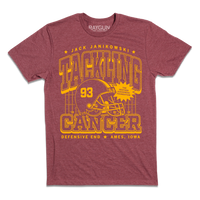 Heather maroon t-shirt with gold ink laid out like a vintage sports jersey. Text reads "Jack Janikowski. Tacking cancer. The Heather Janikowski Foundation. Defensive End. Ames, Iowa."